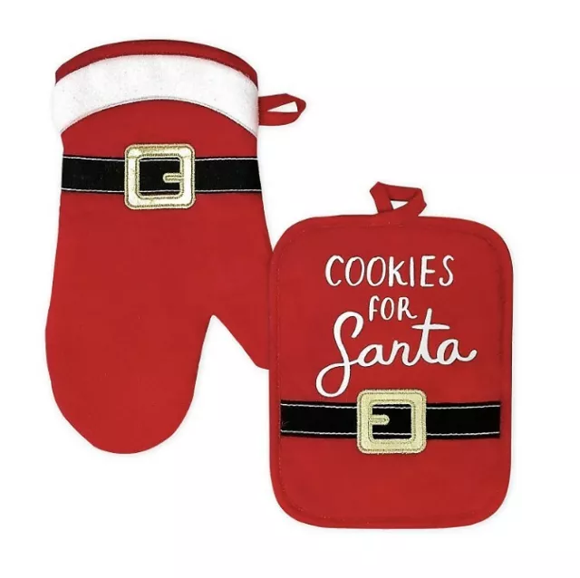 Happy Hollydays Oven Mitt & Pot Holder Set ~ "Cookies For Santa" Santa Belt NWT