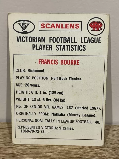 Scanlens 1974 Vfl Footy Card Francis Bourke Richmond Tigers #42/132. 2