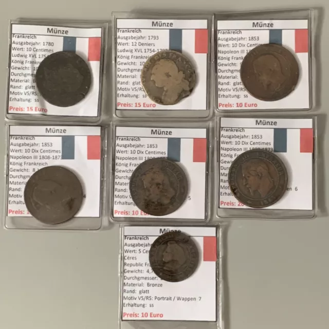Frankreich France LOT 7 alte Münzen Louis VI. Napoleon III. 1780-1793-1853-63-91
