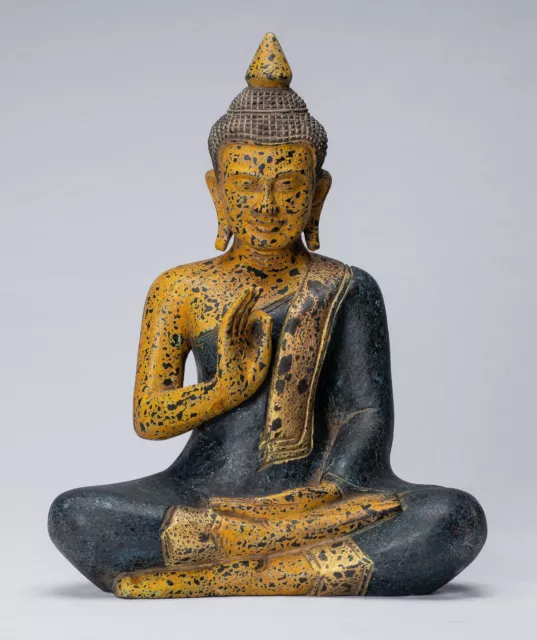 Buddha - Antique Khmer Style Seated Wood Buddha Statue Teaching Mudra - 40cm/16"