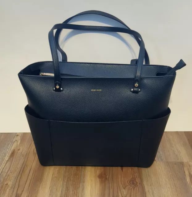 NEW Anne Klein Leather Tote Bag Navy Blue Purse Roomy Multi Pocket, Laptop Ready