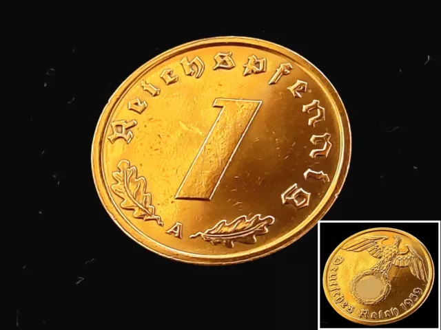 SAMMLERSTÜCK!    1 Pfennig Kupfer, echtvergoldet 24 Karat, 3. Reich