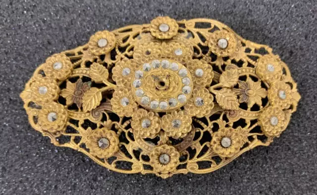 Antique Filigree Cannetille & Marcasite Dimensional Flowers Layered Brooch