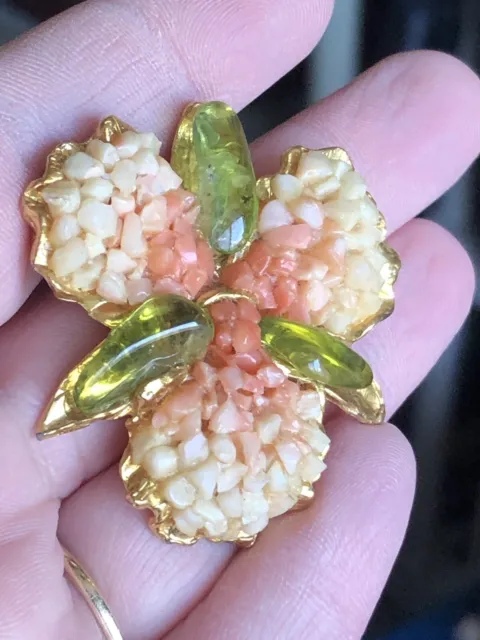 Vintage Swadoba Style Crushed Coral And Lime Poured Glass Floral Flower Brooch