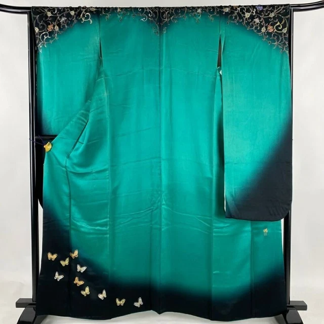 Japanese Kimono Furisode Pure Silk With Signature Butterfly Flower Arabesque