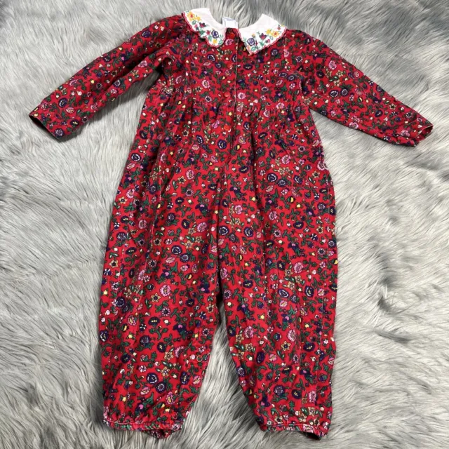 Vintage Oshkosh Bgosh Made USA Toddler Girls Red Corduroy Floral Romper Jumpsuit