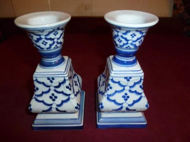 2 PCS CANDLEHOLDER SQUARE BASE - Pineapple Design - HANDPAINTED BLUE AND WHITE