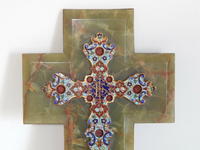 ANCIEN GRAND Bénitier Crucifix Croix en émaux Cloisonné Sur Socle en ONYX 2