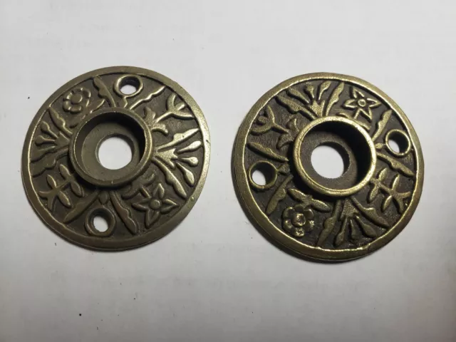 Pair Antique Brass Door Knob Backplates Escutcheons Floral pattern (N10D)