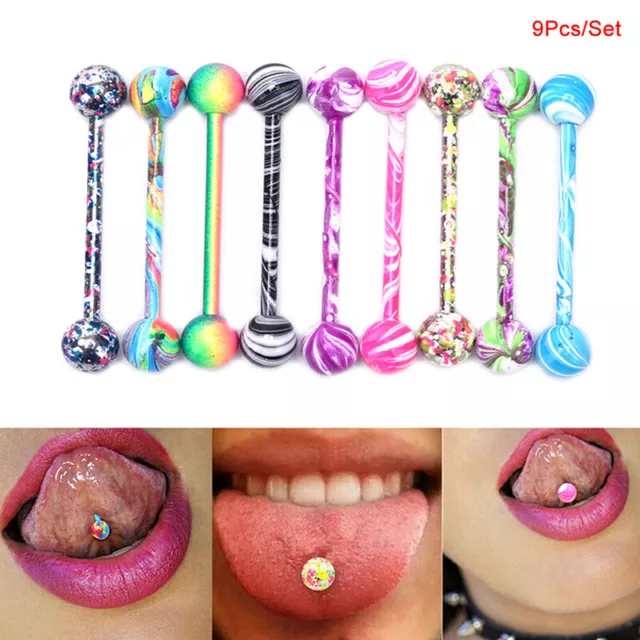 9x/Set Titanium Tongue Bar Steel Nipple Bar Barbell Ball Body Piercing Ring_tu