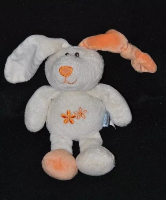 Peluche Doudou Lapin Blanc GIPSY  Fleurs Brodées Orange Hochet Grelot  TTBE