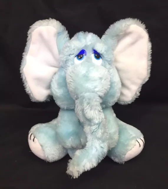 Russ Poof Elephant Small 7" Plush Blue White Sad Eyes Stuffed Animal Vintage