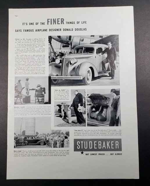 1937 Studebaker Automobile Donald Douglas Airplane Designer Print Ad
