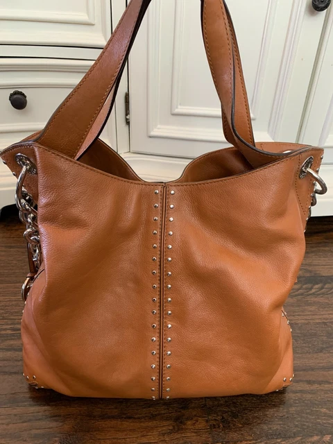 MICHAEL KORS ASTOR Stud Luggage Brown Leather Shoulder Handbag Purse Silver