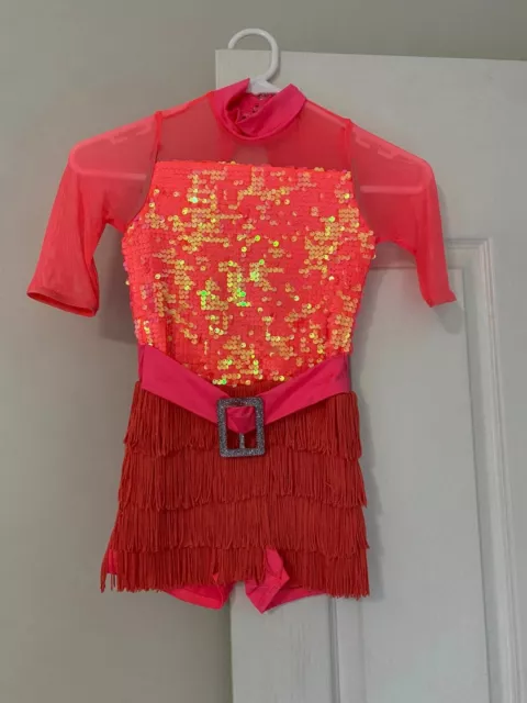 Weissman Bright Pink Coral Sequined Dance Costume Built in Shorts Size Child IC