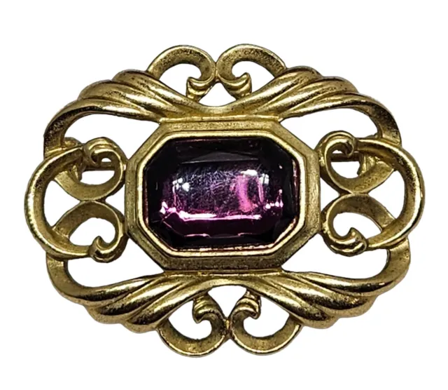 Vintage Ornate Gold Tone Glass Amethyst Brooch Pin Filigree Victorian ArtNouveau