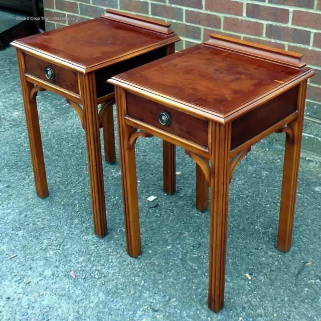 Pair Georgian antique Bevan Funnell Reprodux style yew 1 drawer bedside tables