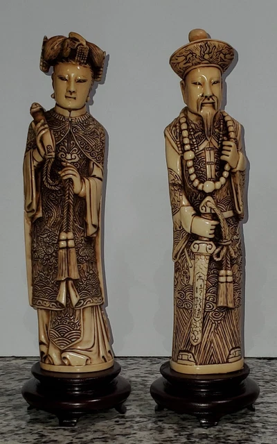 Chinese Carved Emperor & Enpress Figure Statues 10.5"