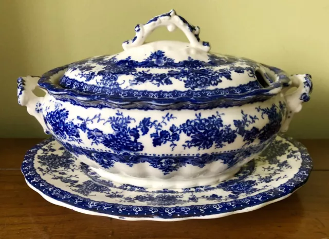 Antique 1890 Keeling&Co Late Mayers Blue WATFORD Transferware Sauce Tureen Stand