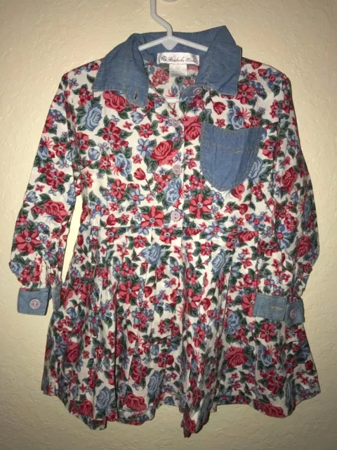 girls size 4 RACHELS KIDS blue denim look trim DRESS pink roses LONG SLEEVE cute