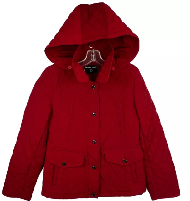 Portrait womens coat SP Puffer Quilted jacket hooded button front pockets red