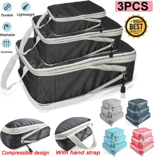 3PCS Travel Storage Suitcases Compression Bags Luggage Organiser Packing Cubes