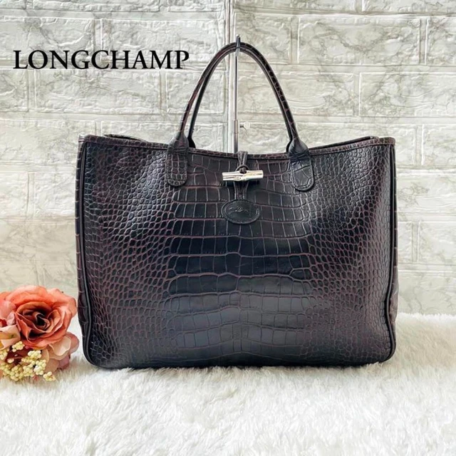 VINTAGE Longchamp Roseau Dark Brown Croc Embossed Leather Tote Bag France