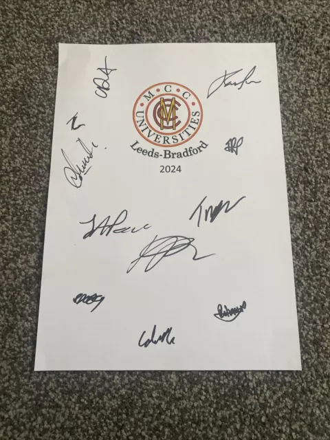 Leeds Bradford UCCE Cricket 2024 Signed A4 Card For Team V Yorkshire CCC