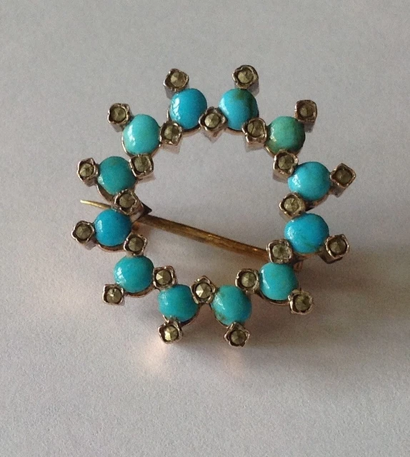 Broche Ancienne En Or 18 Carats Avec Turquoises Et Marquassites - Bijou Vintage Occasion