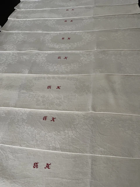 Servicio Mesa Antiguo,Mantel Y 9 Servilletas Lino Seda Napoleón III Mono Xb