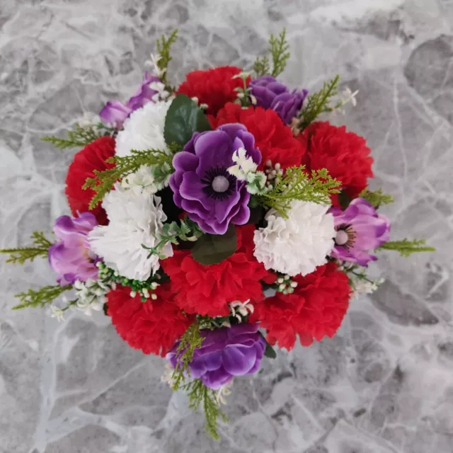 Purple Anemone and Red/White Carnation | Artificial Flower Pot | Grave/Memorial