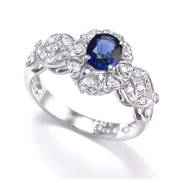 18k Solid White Gold  genuine Blue Sapphire Diamond Hearts shayp Ring