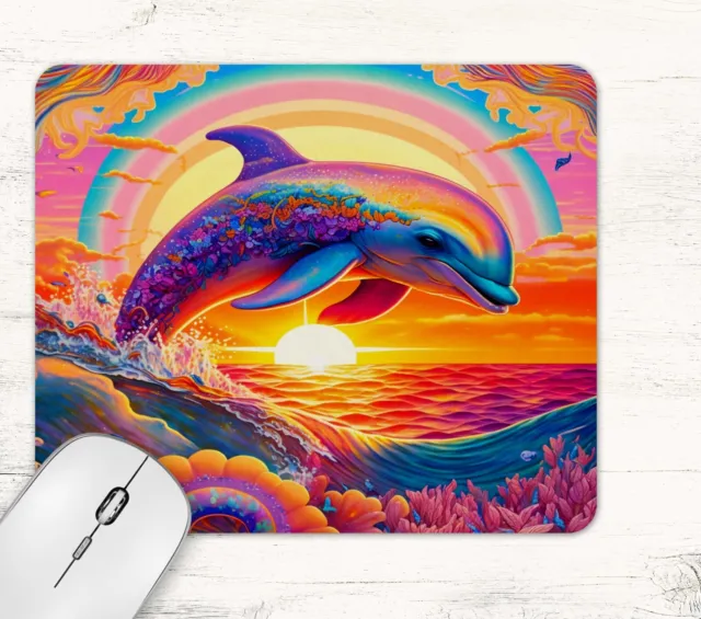 Neon Dolphin Rainbow Design Neoprene Mouse Pad Mat Rectangle Non Slip