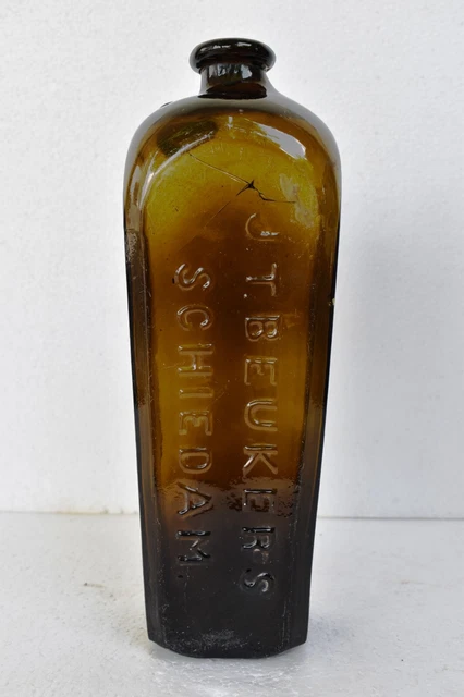 Antique J. T. Beukers Schiedam Case Gin Bottle 7B Heavy Glass Bottle Green Color