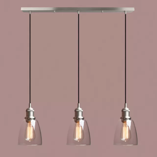 RETRO INDUSTRIAL CLUSTER of 3 PENDANT LIGHT BELL CLEAR GLASS SHADE CEILING LAMP