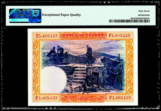 100 Pesetas 1925 (ND1936) Spain, Banco de Espana Pick# 69c PMG 67 EPQ Superb Gem 2