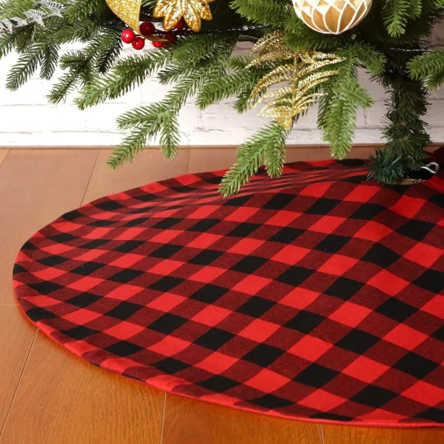 48 Inch Christmas Tree Skirt, Red and Black Buffalo Plaid Mat Holiday Ornaments