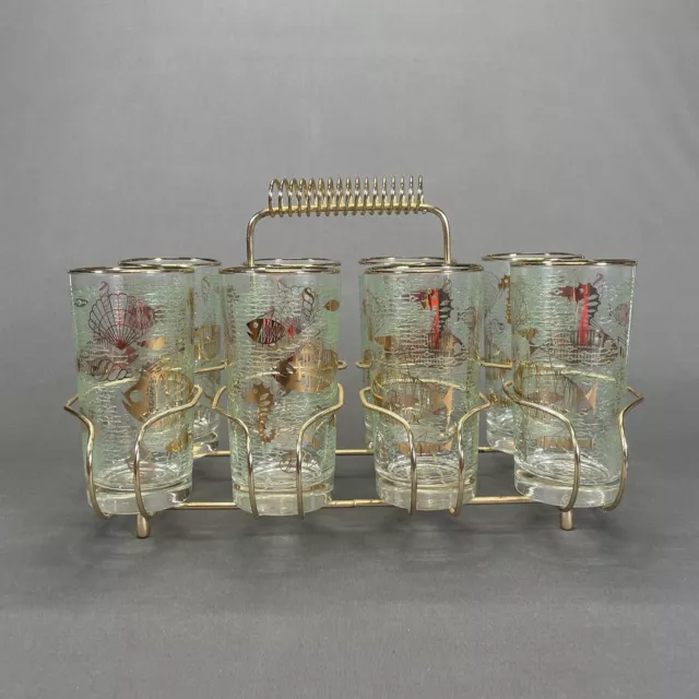 Libbey Marine Life Fish Highball Glasses Set Of 8 Atomic Gold Carrier MCM