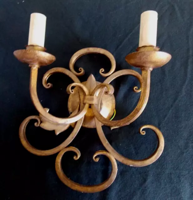 Pair double branch candle style electric wall lights sconces metal gilded repro