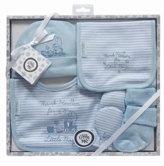 Baby Boy Blue Thank Heaven Boys Gift Set 5 Pc Bib Burp Hat Mittens Socks NB 0-3M