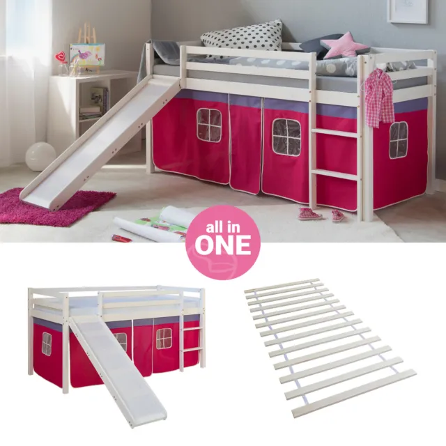 Lit superposé 90x200 Toboggan d'enfant mezzanine Lattes Rideau Rose Homestyle4u