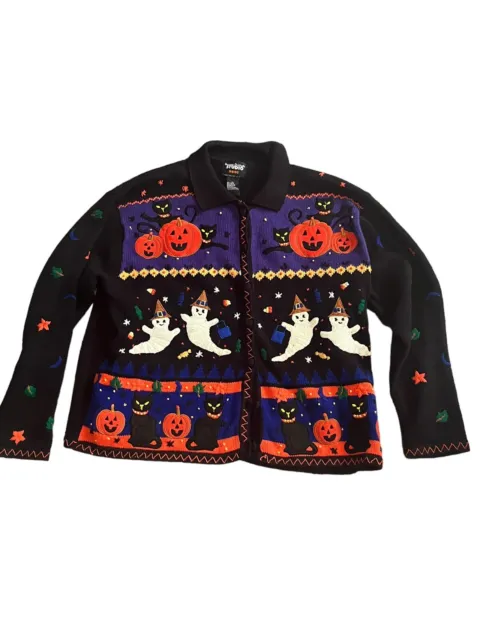 Vintage Halloween Cardigan Heavily Embellished Crocheted Ghosts Felt Pumpkins XL
