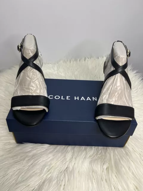 New Cole Haan Womens Hollie Leather Wedge Crisscross Sandal Black Size 6.5