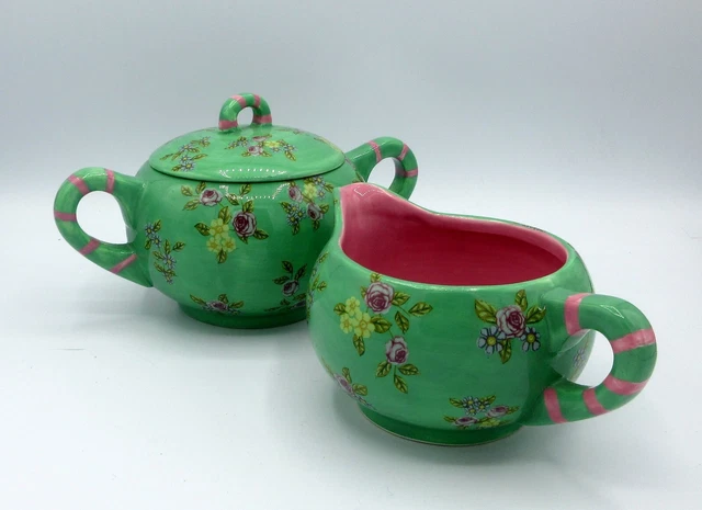 Chintzy Ditz Poppyville Pottery Vntg Sugar Bowl/Creamer, 1990's, Pattern is Jade