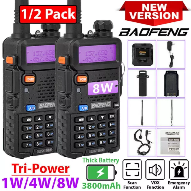 Baofeng Uv-5R 8W V/Uhf Two Way Radio Dual Band Ham Walkie Talkie 3800Mah Battery