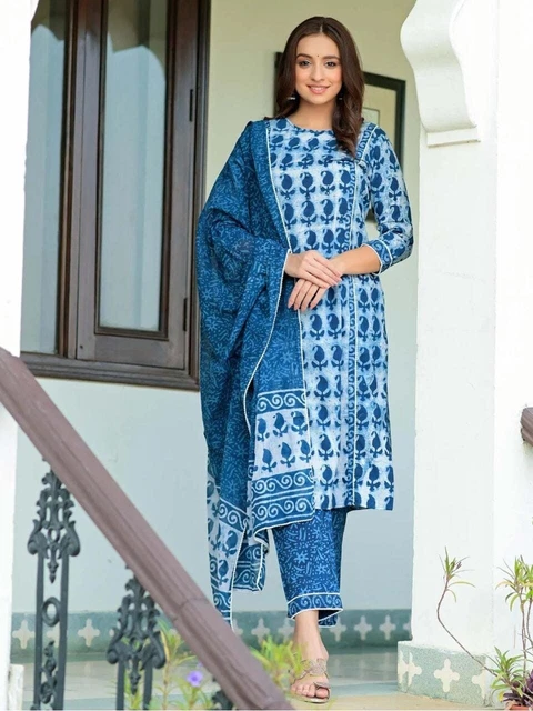 Women Indian Blue Straight Pakistani Style Salwar Kameez Kurti Pant & Dupatta