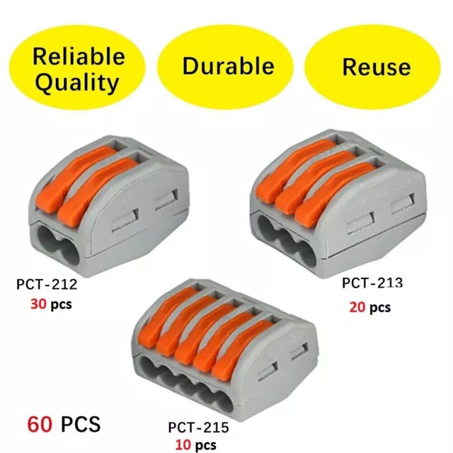 60pc   Reusable Terminal Block Lever  Connector Wire 2/3/5 Pole Clamp wago