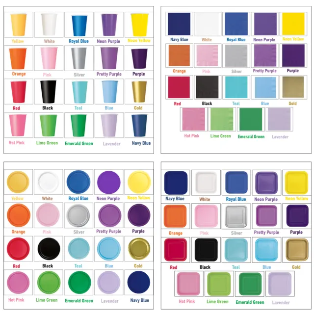 Paper Plates Napkins Cups Disposable Party Tableware 23 Colours Wedding Birthday