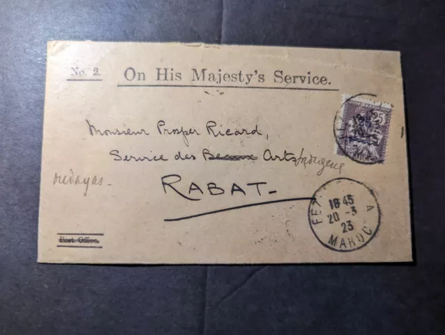 1923 France Colony Morocco OHMS Cover to Rabat