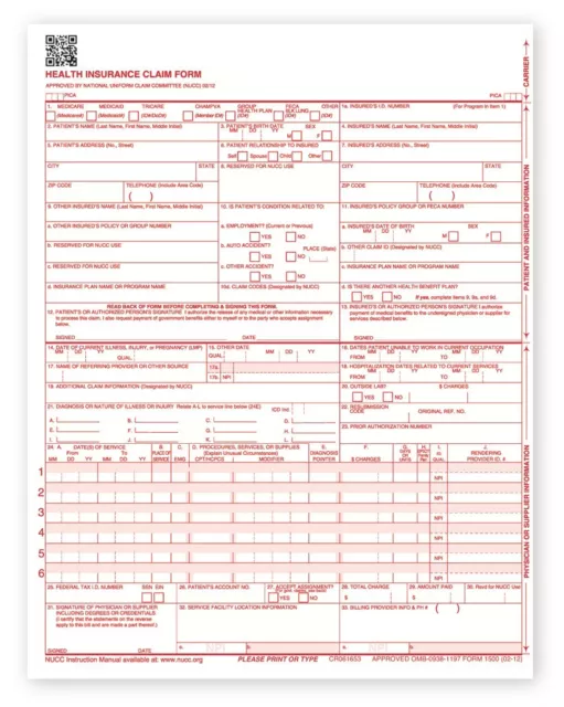 NEW CMS 1500 Claim Forms - HCFA (Version 02/12) (250 Sheets)